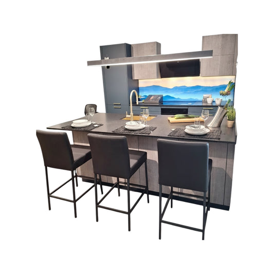 Einbauküche Siena Platte Naturstein Korpus Kunststoff K275 Achatgrau Front Lack L552M Tiefblau Inklusive E-Geräte Und Barhocker