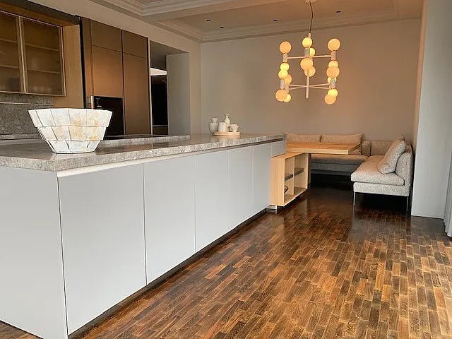 Wohnküche DADA HL6 Lack London Sky 3D Beige Massivholz Sunrise Oak Marmor Grau Inklusive E-Geräte