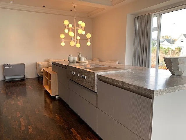 Wohnküche DADA HL6 Lack London Sky 3D Beige Massivholz Sunrise Oak Marmor Grau Inklusive E-Geräte
