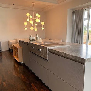 Wohnküche DADA HL6 Lack London Sky 3D Beige Massivholz Sunrise Oak Marmor Grau Inklusive E-Geräte