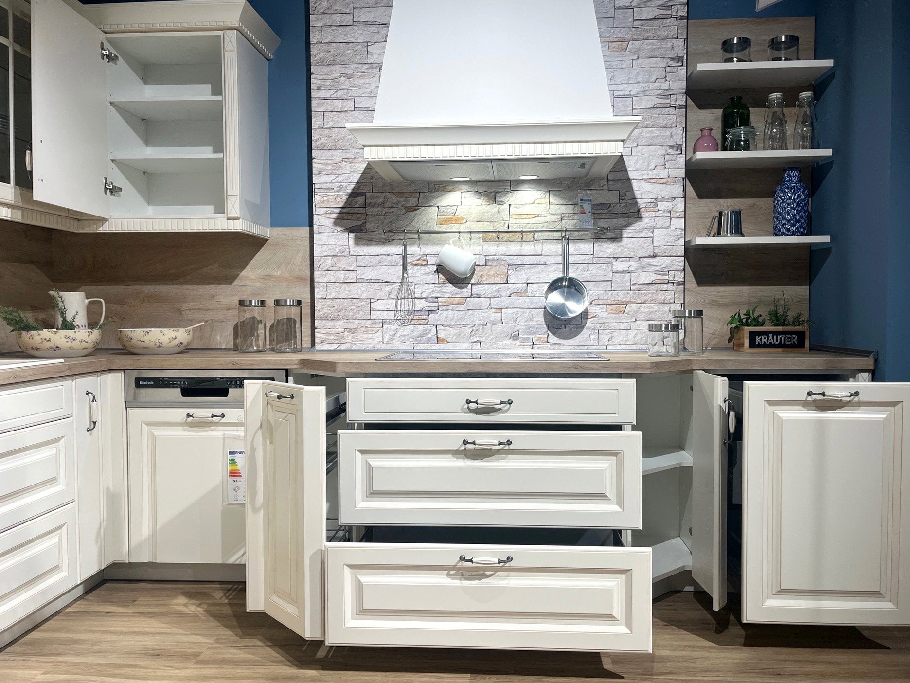 Landhausküche Castello Holzwerkstoff Magnolia Gewischt Weiß Inklusive E-Geräte