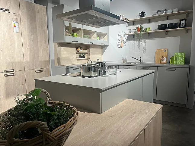 Inselküche Fashion 406 Holzoptik Und Hellgrau